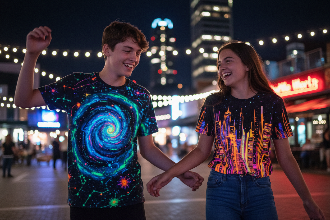Generate Image " a boy and girl is wearing  uv printed tshirt with some art in tshirt and they are vibing in night 