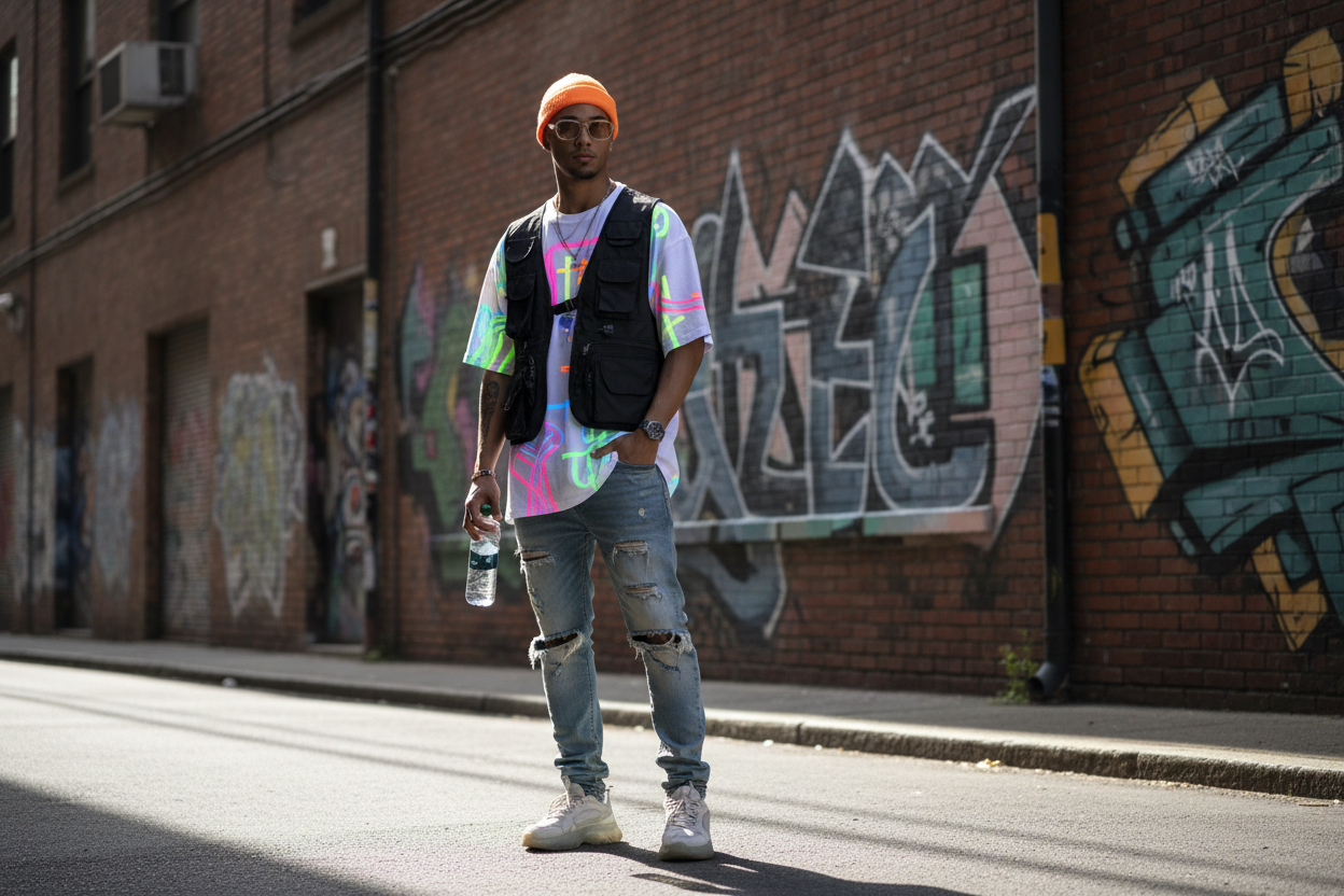 GENERATE IMAGE WHERE SOME GENZ GUYS IS WEARING TSHIRT WITH UV PRINTED DESIGNS