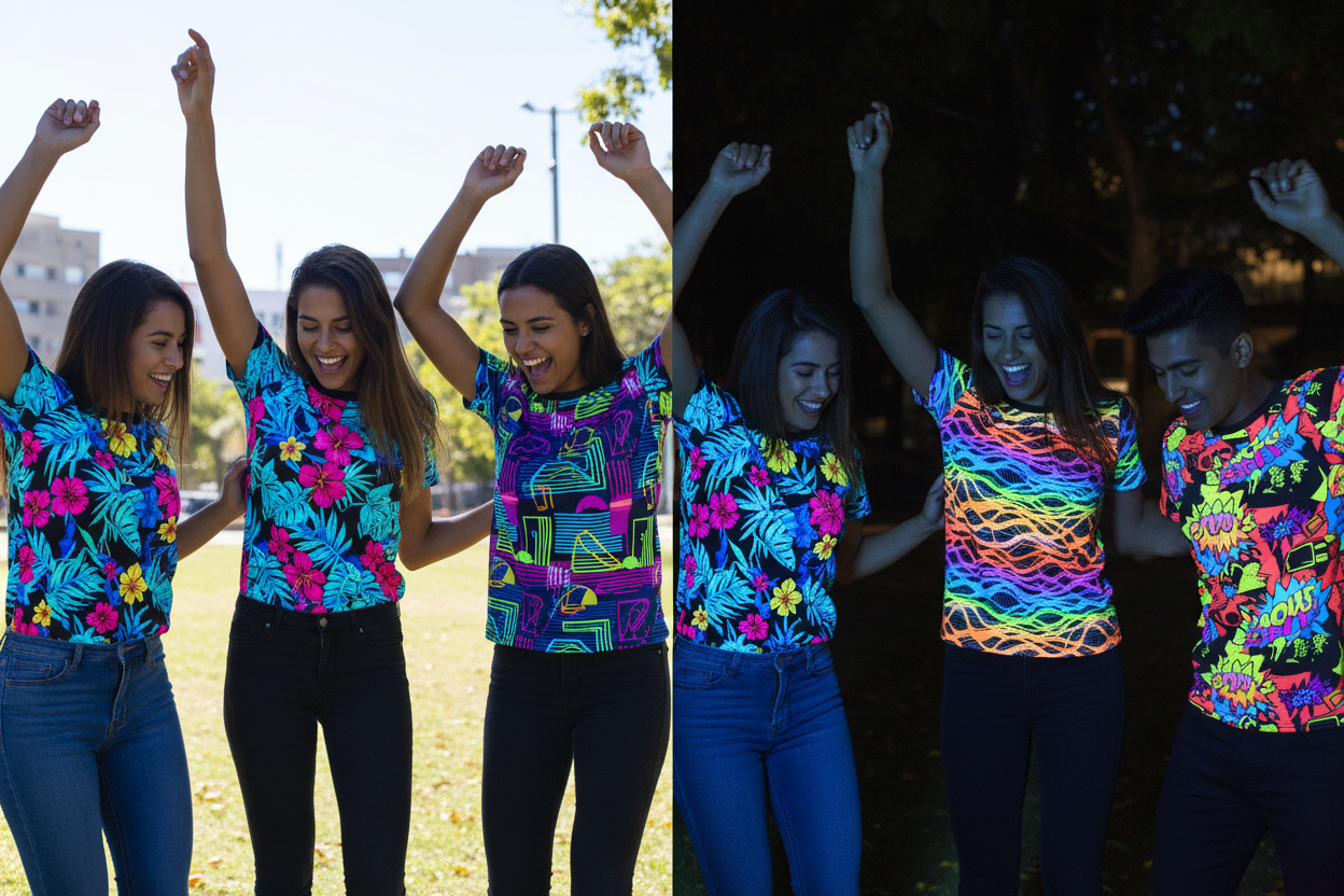 make image where people are vibing wear UV printed Tshirts, devide image in 2 parts half show and half in night version, so in day print will be looking simoler and night it will be glowing